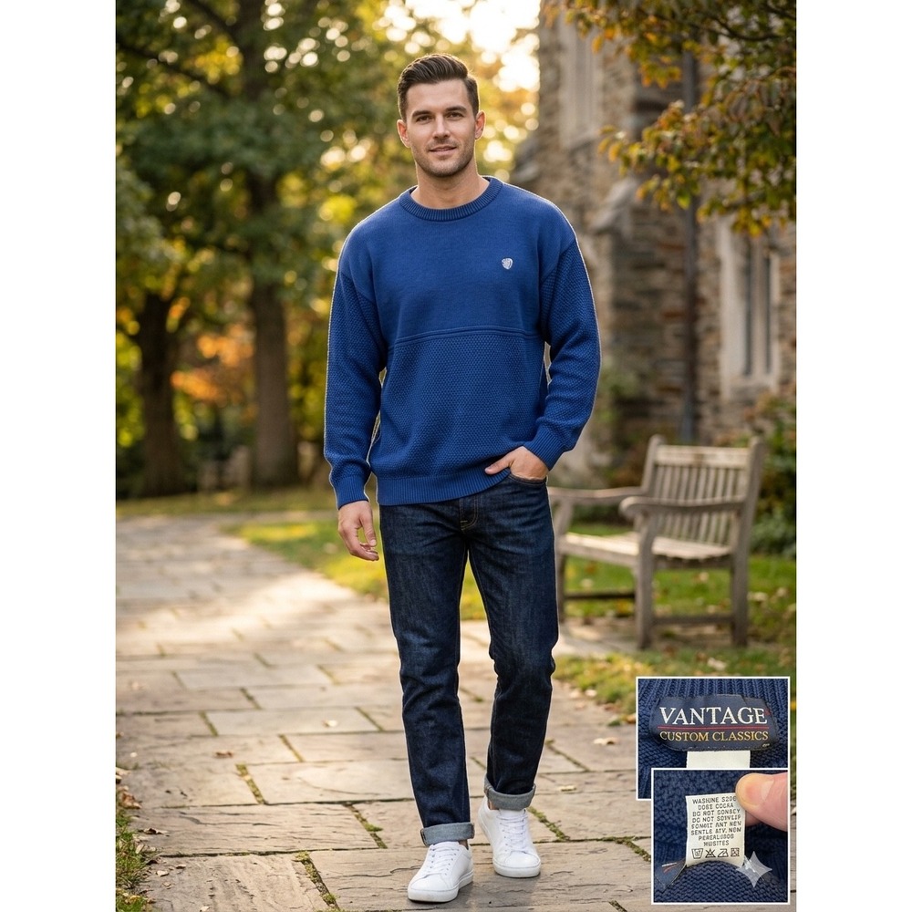 Vantage Custom Classics Mens Large Blue Cotton Knit Crewneck Sweater Made in USA